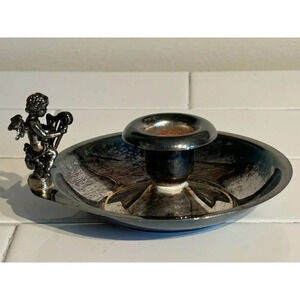 Vtg Elegance Co Silver Brass Chamberstick Candle Holder W/ Cherub Harp Art Deco
